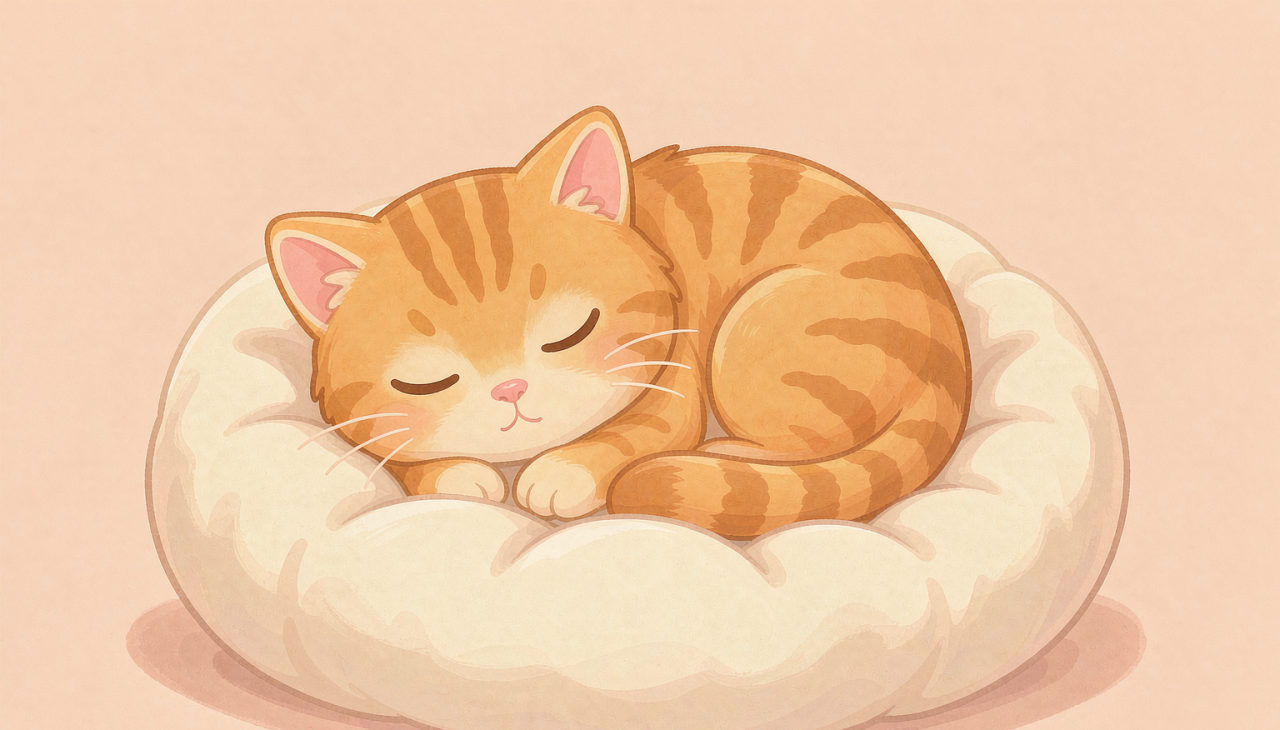 一只橘猫蜷在奶油色的圆垫上睡午觉